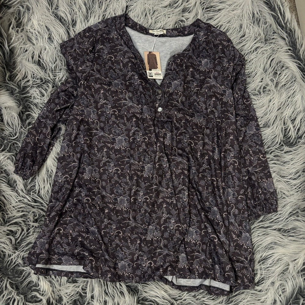 Simply Noelle Women XXL Tunic Top Paisley Floral Henley Long Sleeve